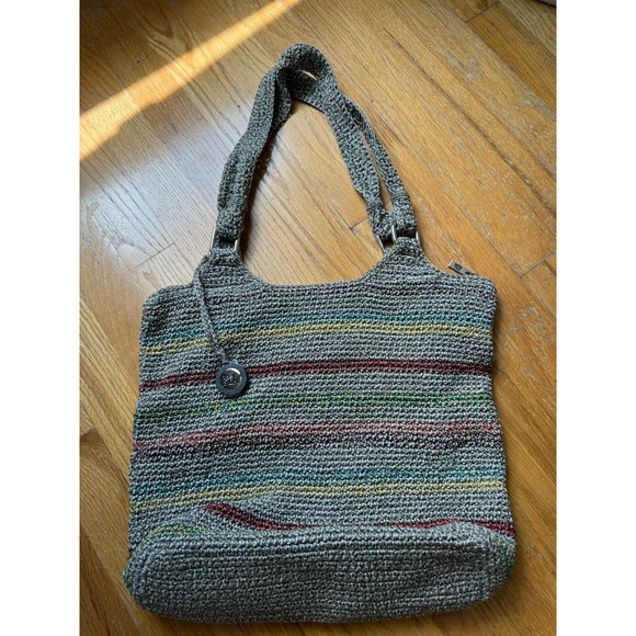 The Sak Handbags - The Sak Crochet Knit Stripe Hobo Shoulder Bag Gray Multicolor Zip Tote Rainbow